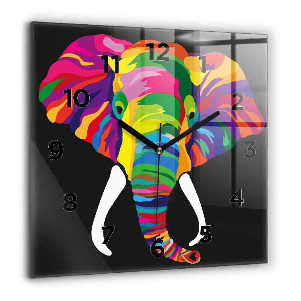 Square glass wall clock Colorful elephant