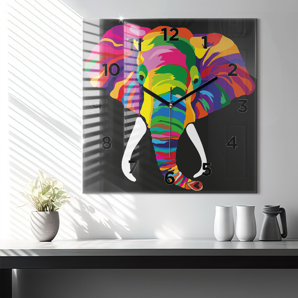 Square glass wall clock Colorful elephant