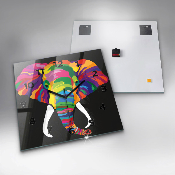 Square glass wall clock Colorful elephant