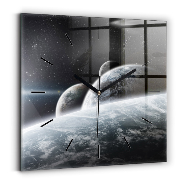 Square glass wall clock Space and planets