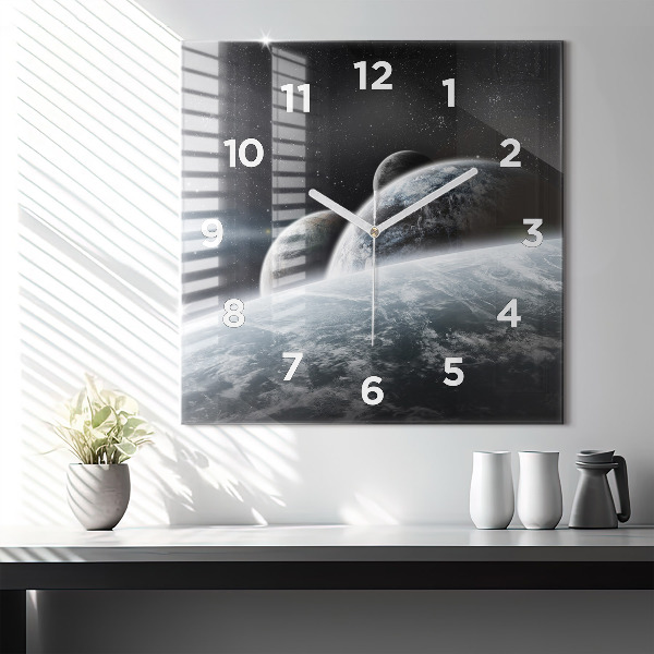 Square glass wall clock Space and planets