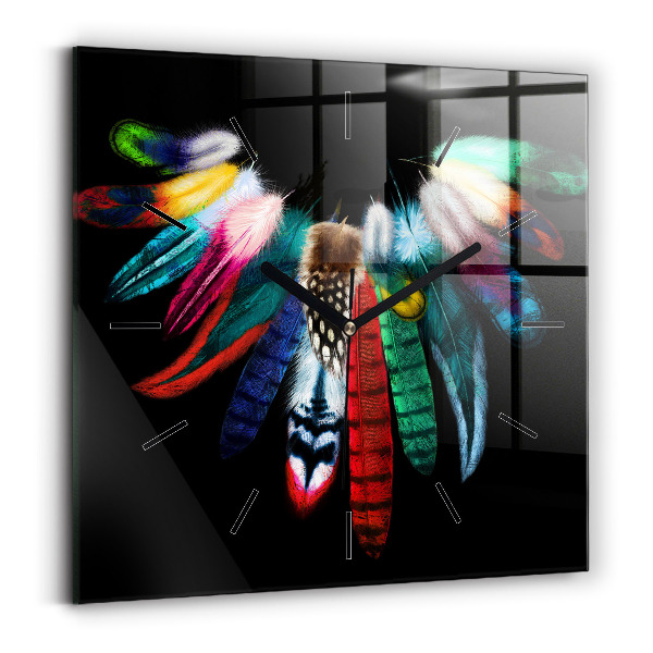 Square glass wall clock Colorful bird feathers