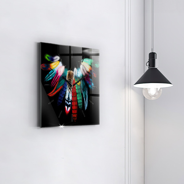 Square glass wall clock Colorful bird feathers