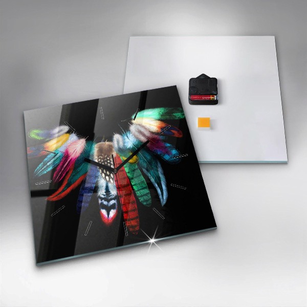 Square glass wall clock Colorful bird feathers