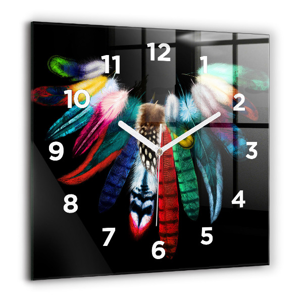 Square glass wall clock Colorful bird feathers