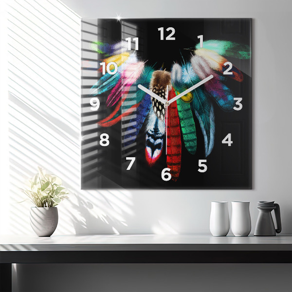 Square glass wall clock Colorful bird feathers