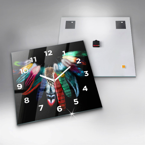 Square glass wall clock Colorful bird feathers