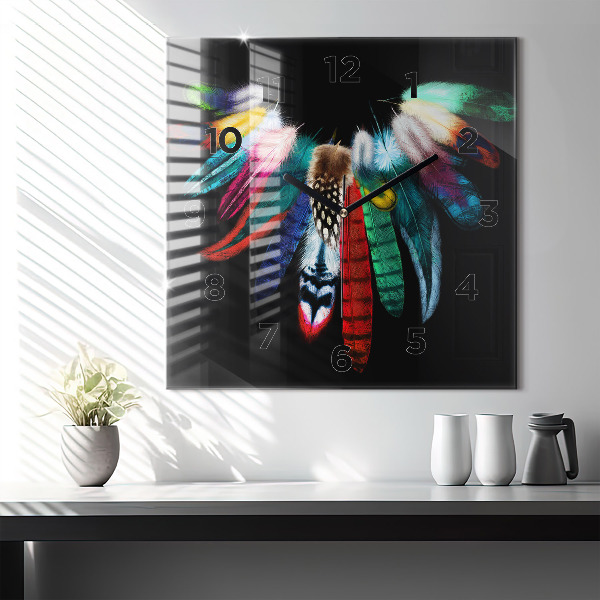 Square glass wall clock Colorful bird feathers