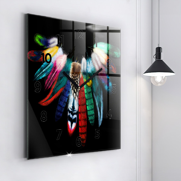 Square glass wall clock Colorful bird feathers