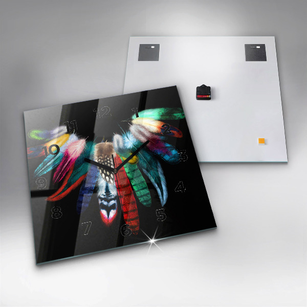 Square glass wall clock Colorful bird feathers