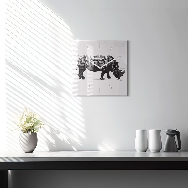 Square glass wall clock Rhinoceros line art