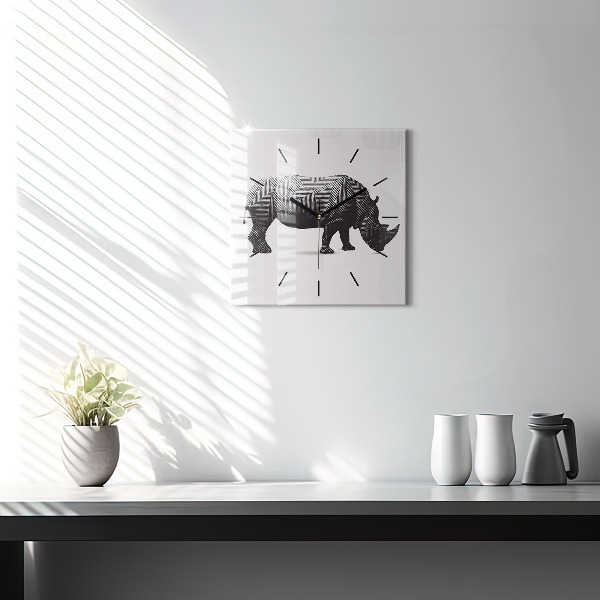 Square glass wall clock Rhinoceros line art