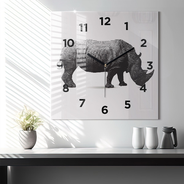 Square glass wall clock Rhinoceros line art
