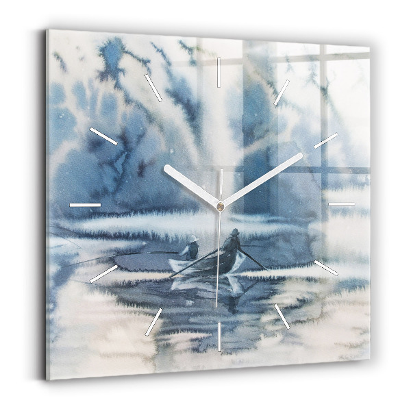 Square glass wall clock Fisherman on the lake