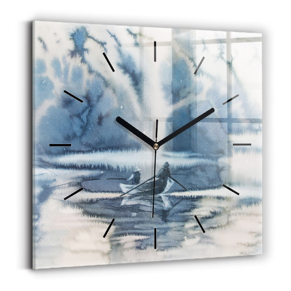 Square glass wall clock Fisherman on the lake