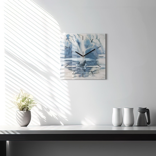 Square glass wall clock Fisherman on the lake