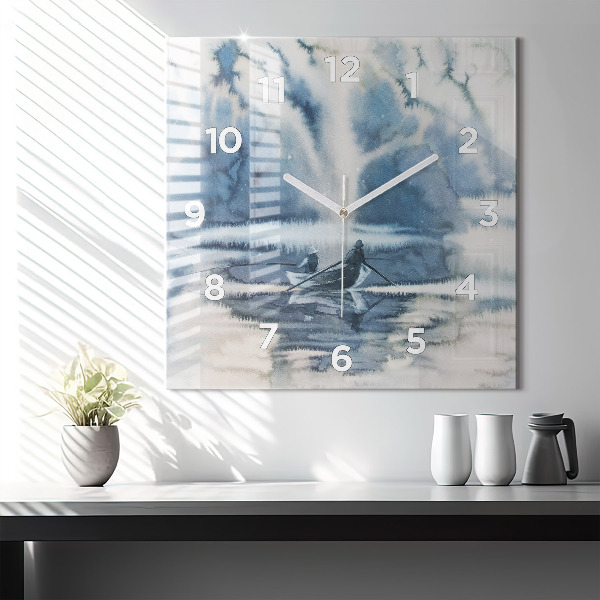 Square glass wall clock Fisherman on the lake