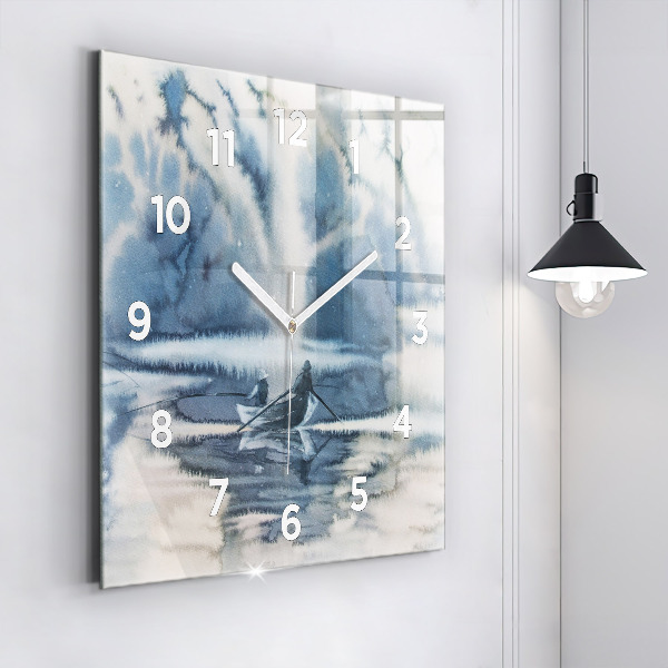 Square glass wall clock Fisherman on the lake