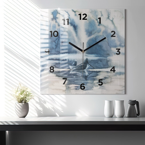 Square glass wall clock Fisherman on the lake