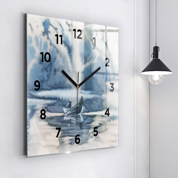 Square glass wall clock Fisherman on the lake
