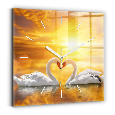 Square glass wall clock Swans in Love