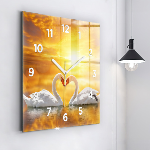 Square glass wall clock Swans in Love