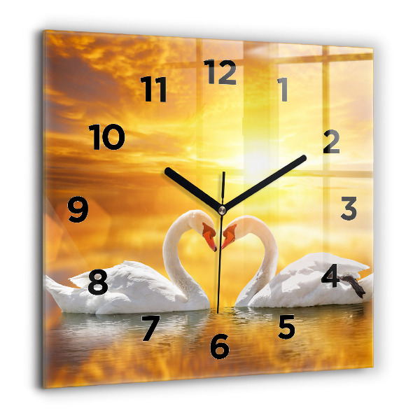 Square glass wall clock Swans in Love