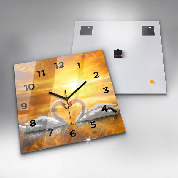 Square glass wall clock Swans in Love