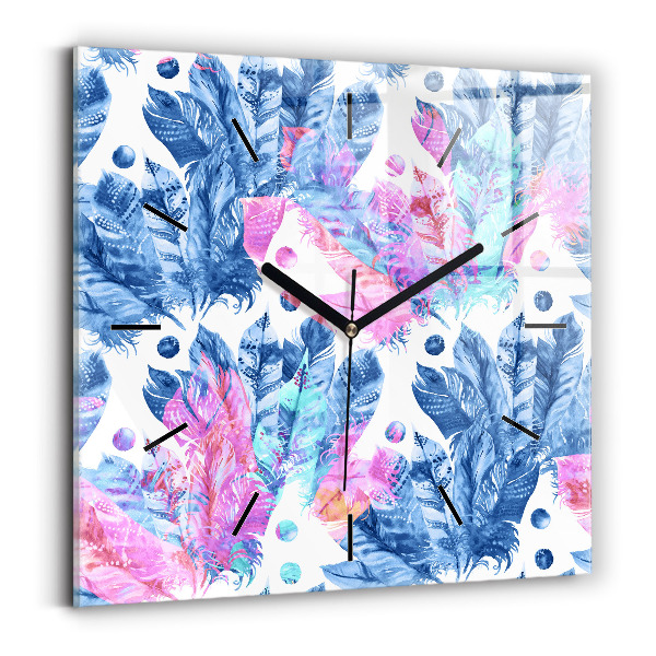 Square glass wall clock Colorful feathers