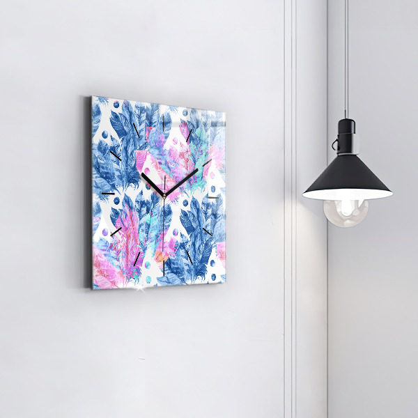 Square glass wall clock Colorful feathers