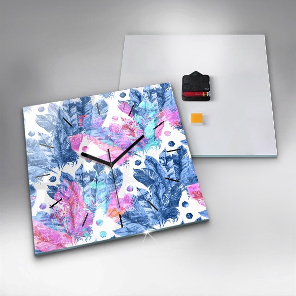 Square glass wall clock Colorful feathers