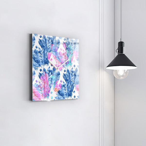 Square glass wall clock Colorful feathers
