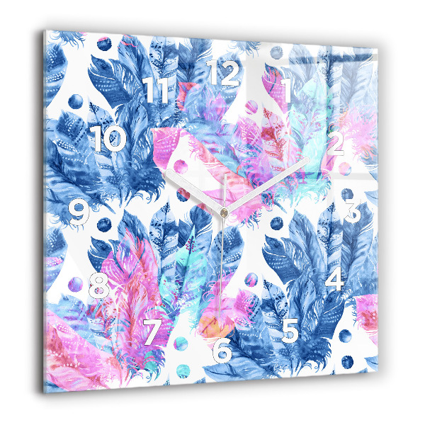Square glass wall clock Colorful feathers