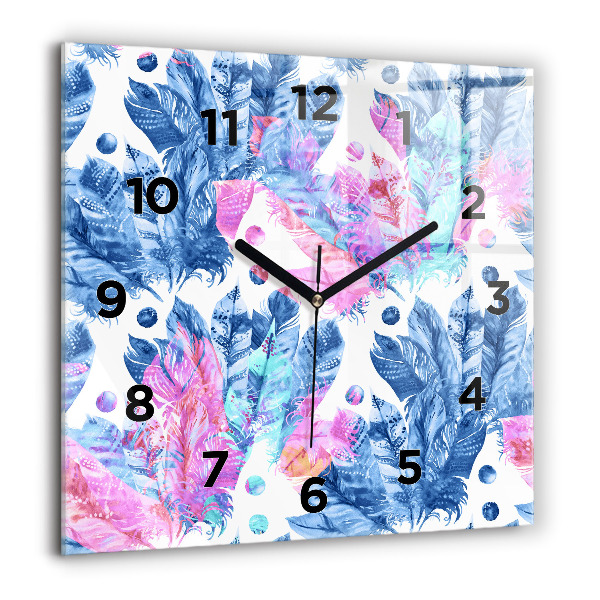 Square glass wall clock Colorful feathers