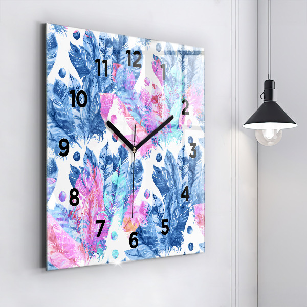 Square glass wall clock Colorful feathers