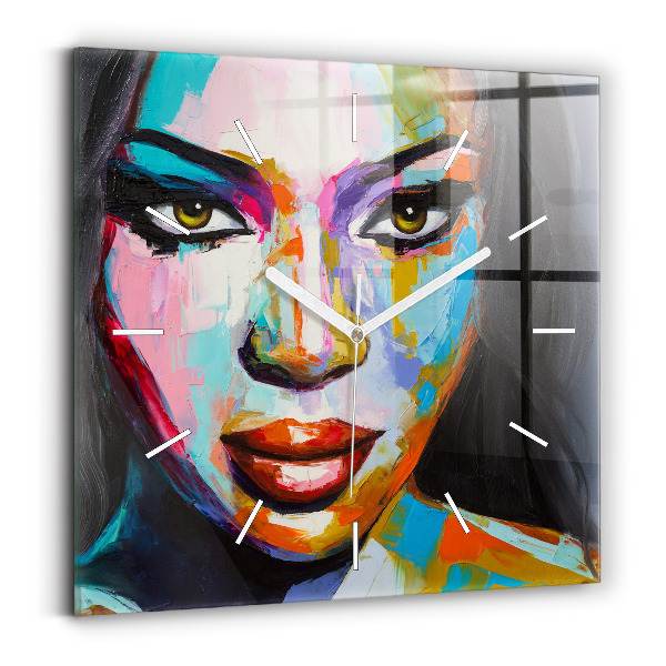 Square glass wall clock Colorful woman's face
