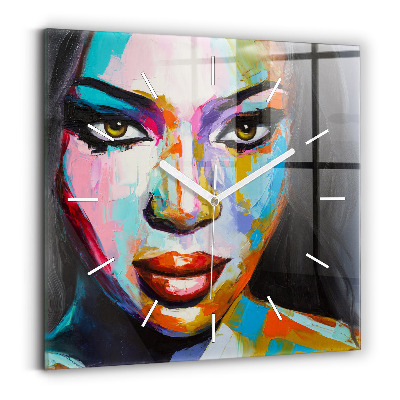 Square glass wall clock Colorful woman's face