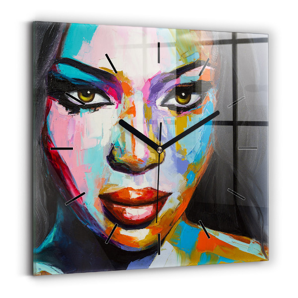 Square glass wall clock Colorful woman's face