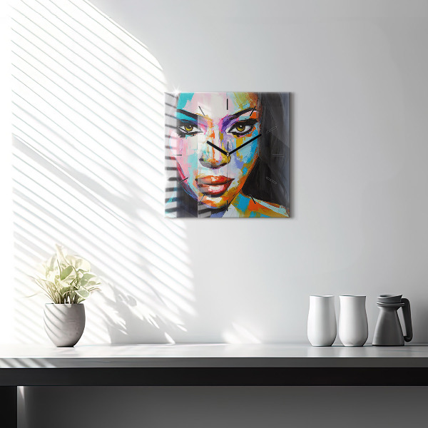 Square glass wall clock Colorful woman's face