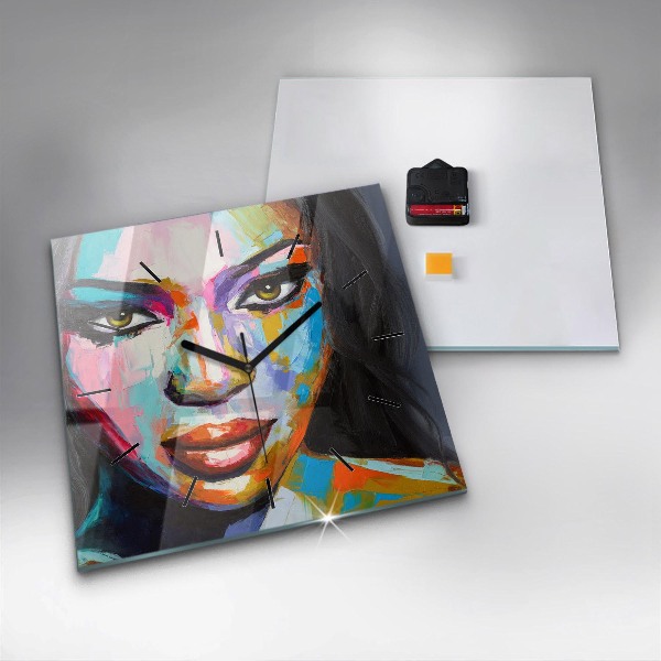 Square glass wall clock Colorful woman's face