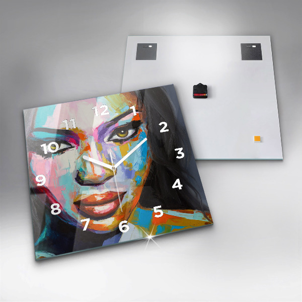 Square glass wall clock Colorful woman's face