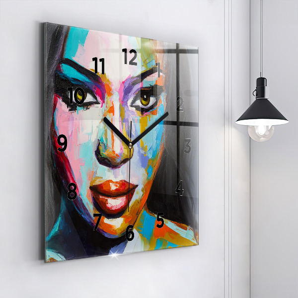 Square glass wall clock Colorful woman's face