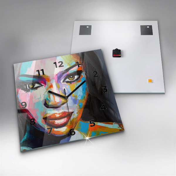 Square glass wall clock Colorful woman's face