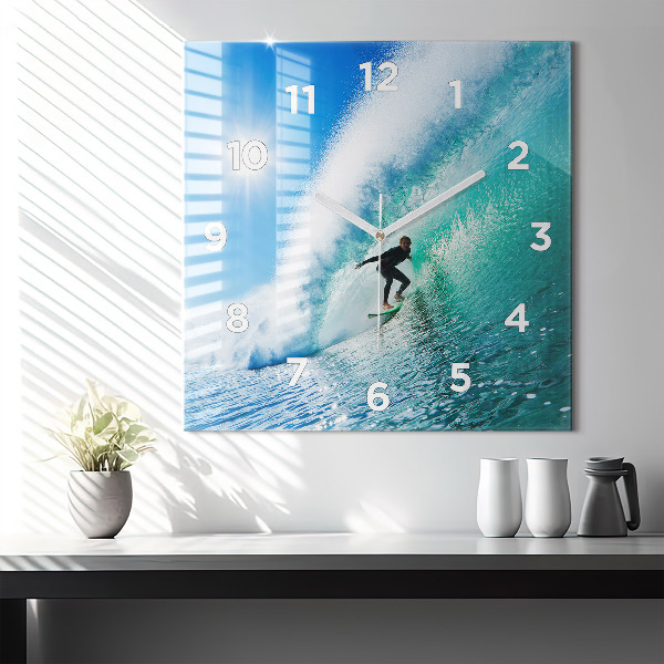 Square glass wall clock Surfing in Hawaii