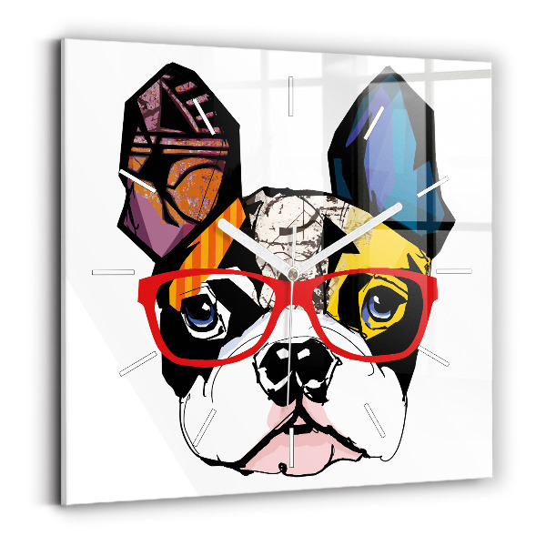 Square glass wall clock French bulldog with glasses