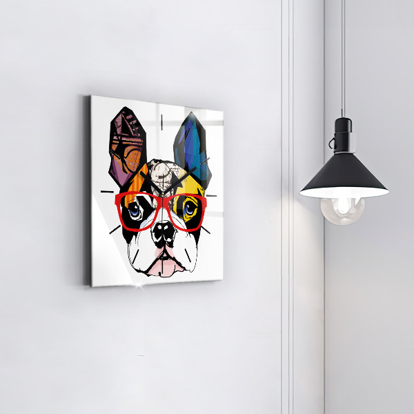 Square glass wall clock French bulldog with glasses