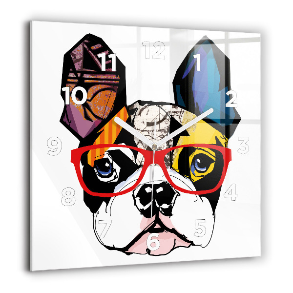 Square glass wall clock French bulldog with glasses
