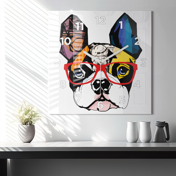 Square glass wall clock French bulldog with glasses