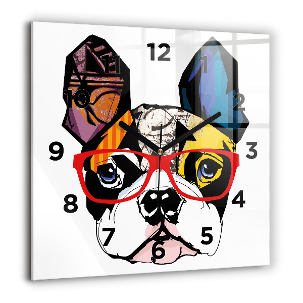 Square glass wall clock French bulldog with glasses