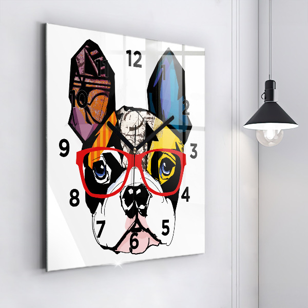 Square glass wall clock French bulldog with glasses